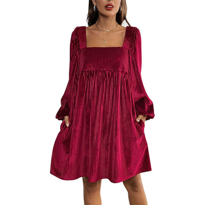 Pleated Velvet Mini Dress with Square Neck and Puff Sleeves