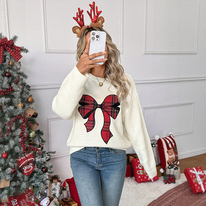 Loose Knit Sweater with Plaid Bow-Knot Embroidery