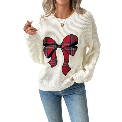 Loose Knit Sweater with Plaid Bow-Knot Embroidery