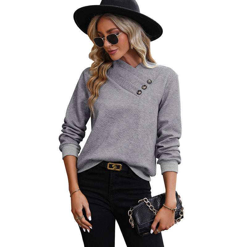 Textured Knit Pullover with Buttoned Overlap V-Neck