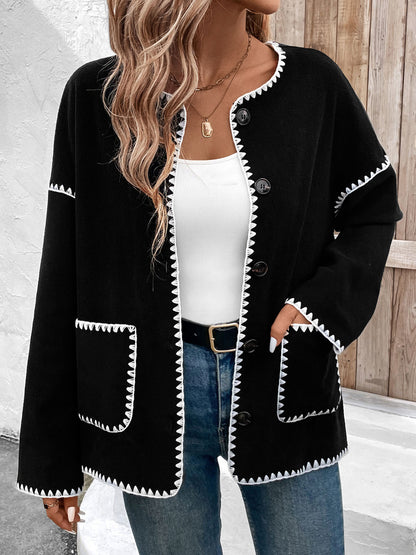 Loose Fleece Cardigan with Scalloped White Trim