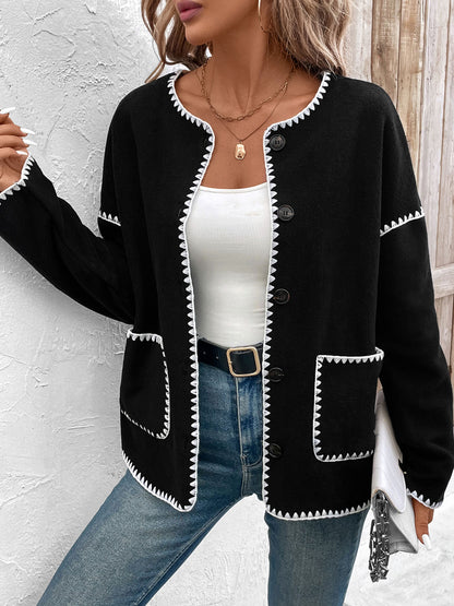 Loose Fleece Cardigan with Scalloped White Trim
