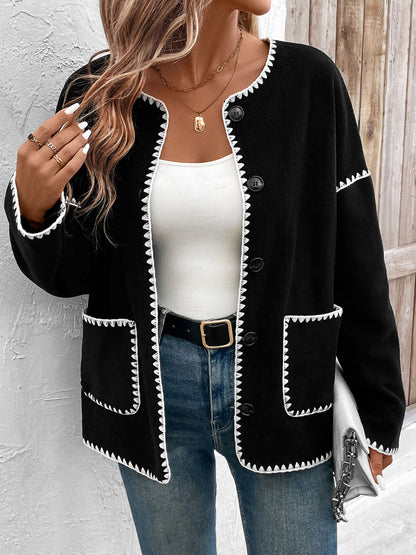 Loose Fleece Cardigan with Scalloped White Trim