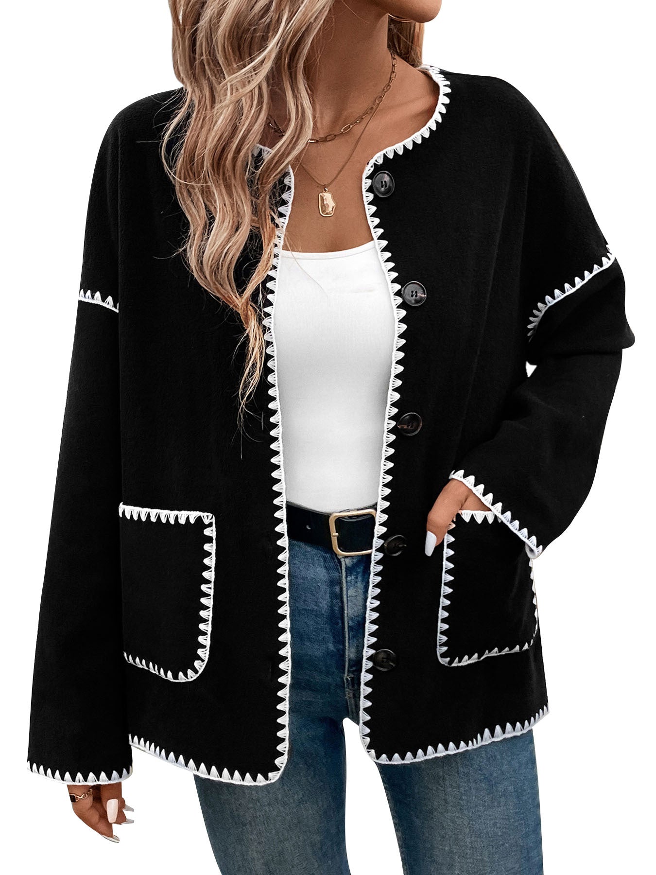 Loose Fleece Cardigan with Scalloped White Trim
