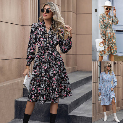 Floral A-Line Midi Dress with V-Neck and Shirred Waist