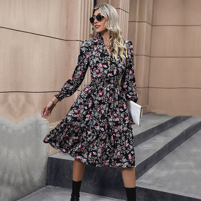 Floral A-Line Midi Dress with V-Neck and Shirred Waist