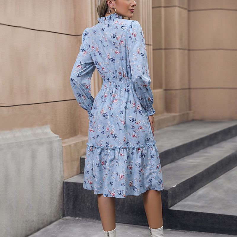 Floral A-Line Midi Dress with V-Neck and Shirred Waist