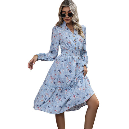 Floral A-Line Midi Dress with V-Neck and Shirred Waist