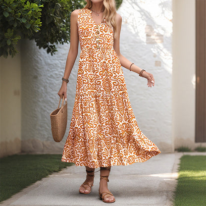 Abstract Print V-Neck Midi Dress with Tiered Skirt