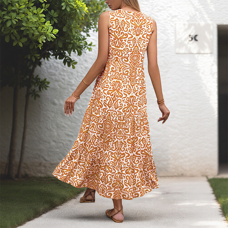 Abstract Print V-Neck Midi Dress with Tiered Skirt