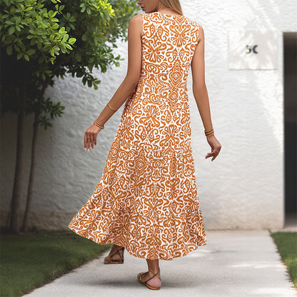 Abstract Print V-Neck Midi Dress with Tiered Skirt