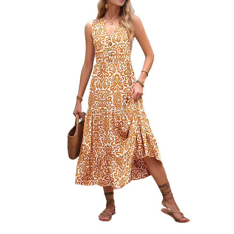 Abstract Print V-Neck Midi Dress with Tiered Skirt