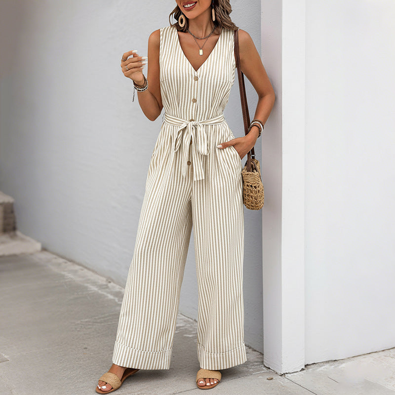 Striped Wide-Leg Jumpsuit with V-Neck and Tie-Waist