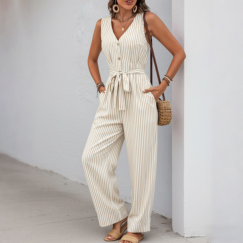 Striped Wide-Leg Jumpsuit with V-Neck and Tie-Waist