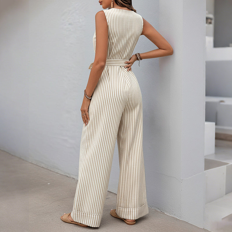 Striped Wide-Leg Jumpsuit with V-Neck and Tie-Waist
