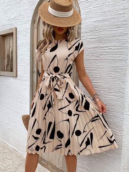 Abstract Print Pleated Midi Dress with Tie-Waist