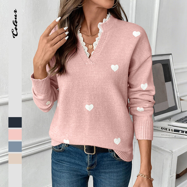 Heart Pattern Knit Sweater with Scalloped V-Neck