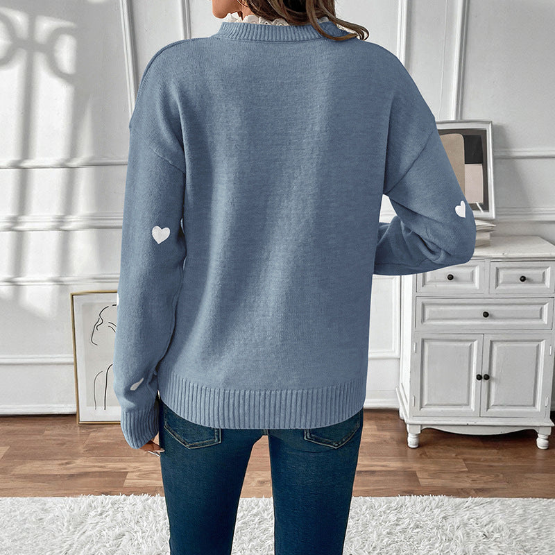 Heart Pattern Knit Sweater with Scalloped V-Neck
