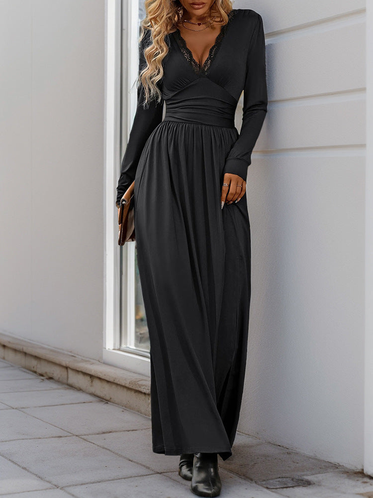 Maxi Dress with Lace V-Neck, Ruched Waist, and Side Slit