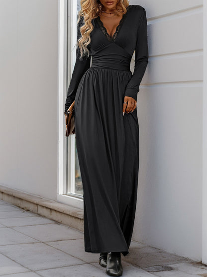 Maxi Dress with Lace V-Neck, Ruched Waist, and Side Slit