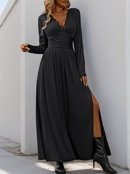 Maxi Dress with Lace V-Neck, Ruched Waist, and Side Slit