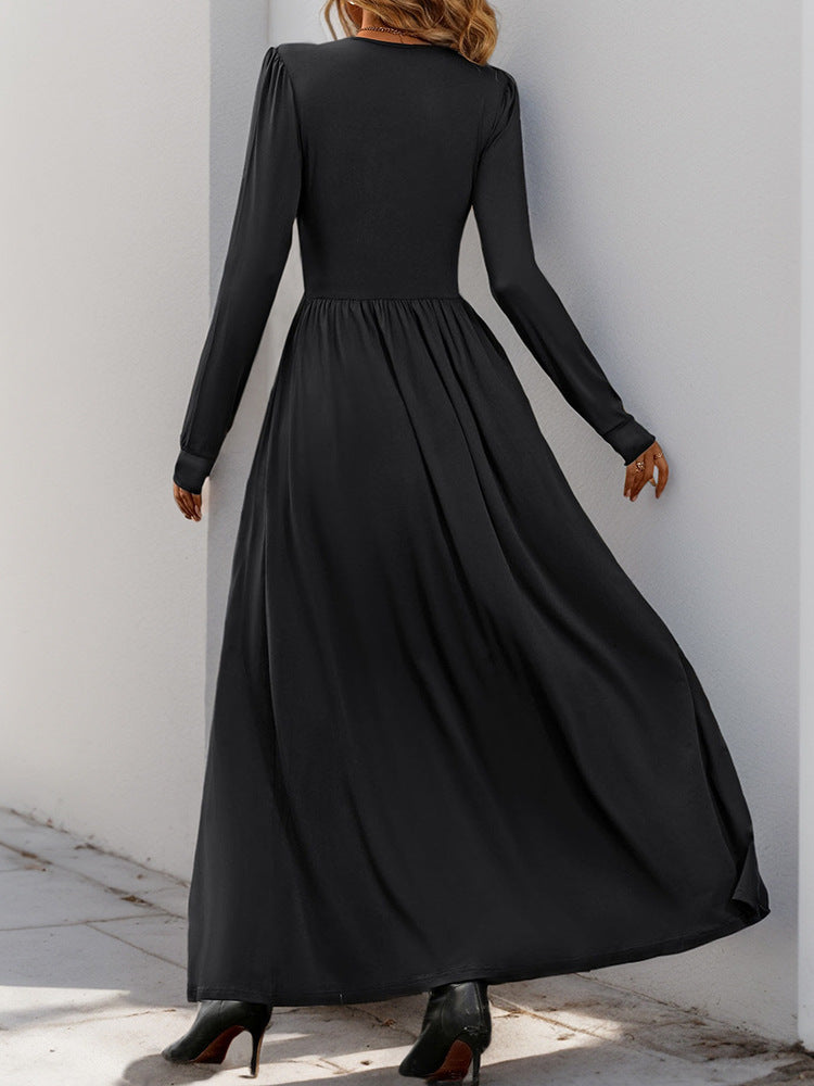Maxi Dress with Lace V-Neck, Ruched Waist, and Side Slit