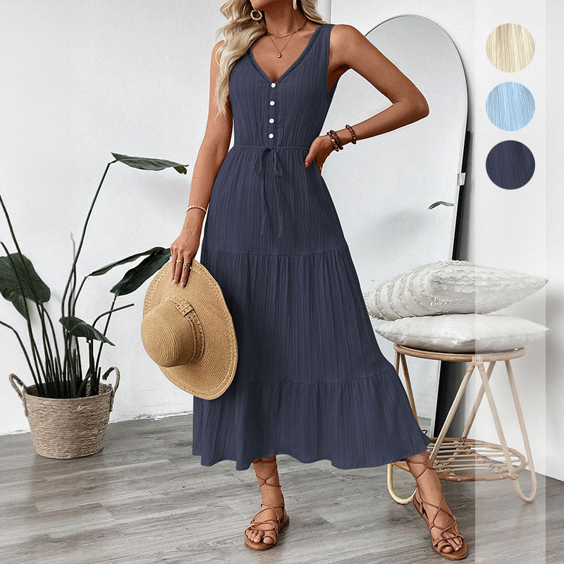 Sleeveless Tiered Maxi Dress with V-Neck and Drawstring Waist