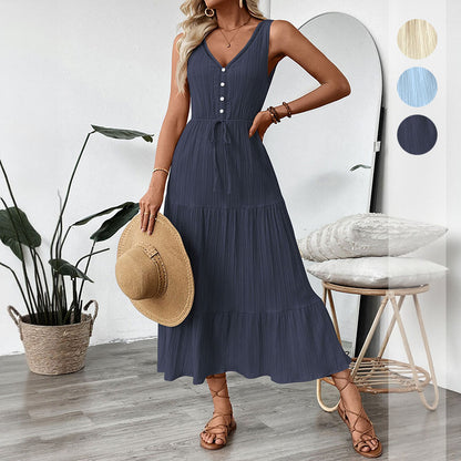 Sleeveless Tiered Maxi Dress with V-Neck and Drawstring Waist