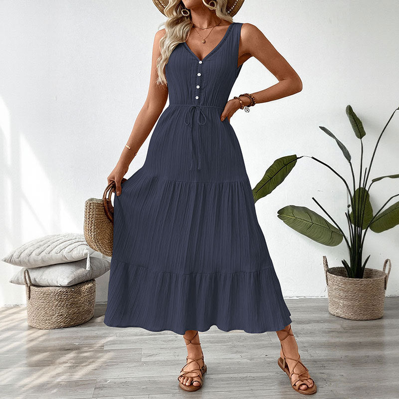 Sleeveless Tiered Maxi Dress with V-Neck and Drawstring Waist