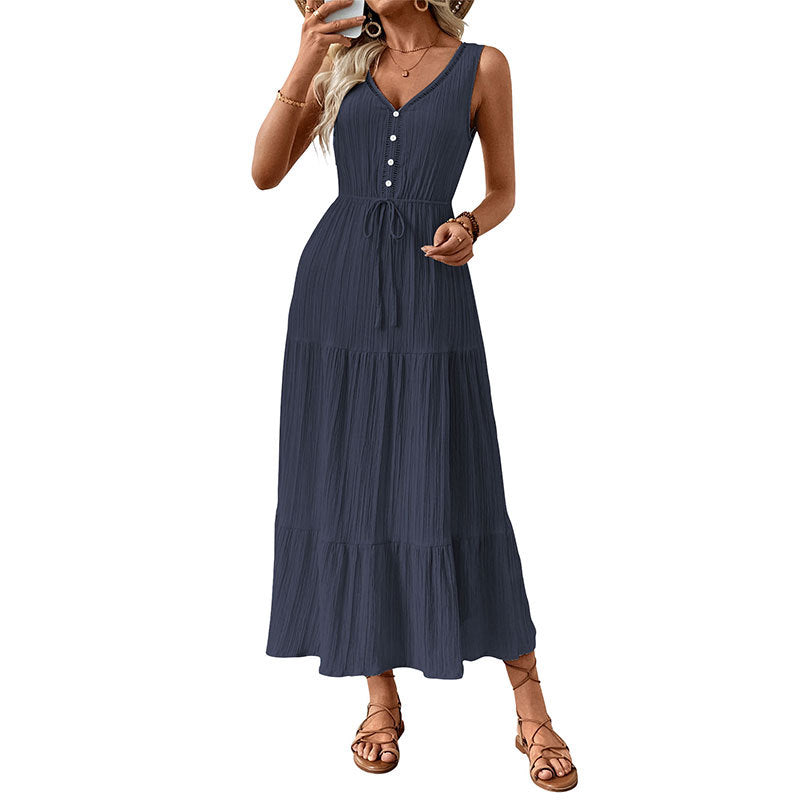 Sleeveless Tiered Maxi Dress with V-Neck and Drawstring Waist