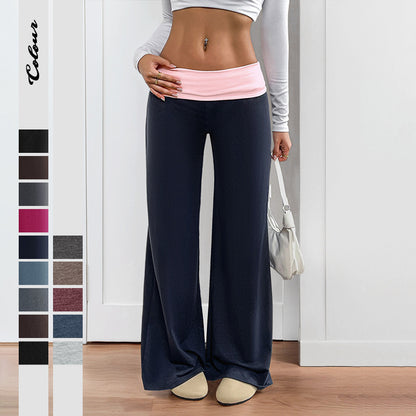 Casual Wide-Leg Pants with Color-Blocked Waistband