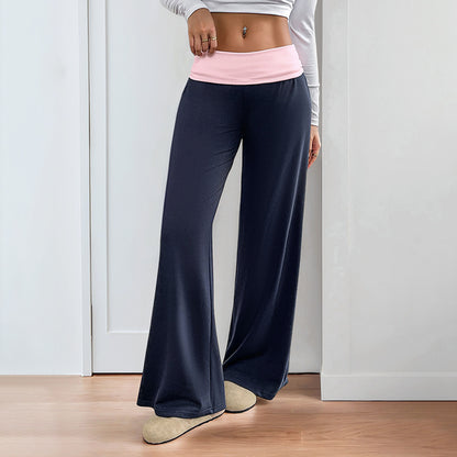Casual Wide-Leg Pants with Color-Blocked Waistband