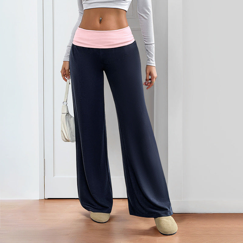 Casual Wide-Leg Pants with Color-Blocked Waistband