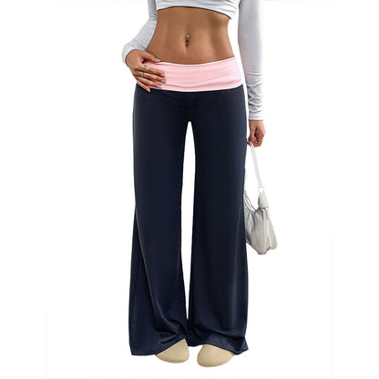 Casual Wide-Leg Pants with Color-Blocked Waistband