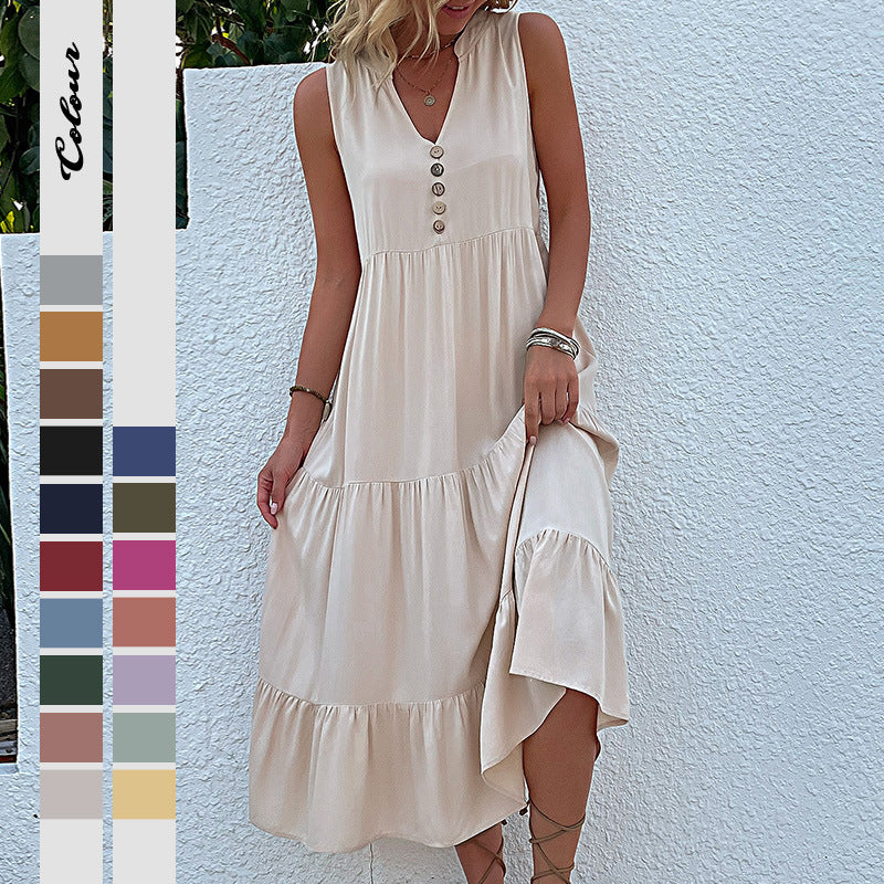 Solid A-Line Tiered Midi Dress with V-Neck and Sleeveless