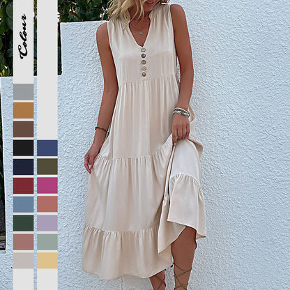 Solid A-Line Tiered Midi Dress with V-Neck and Sleeveless