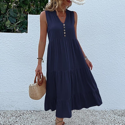 Solid A-Line Tiered Midi Dress with V-Neck and Sleeveless