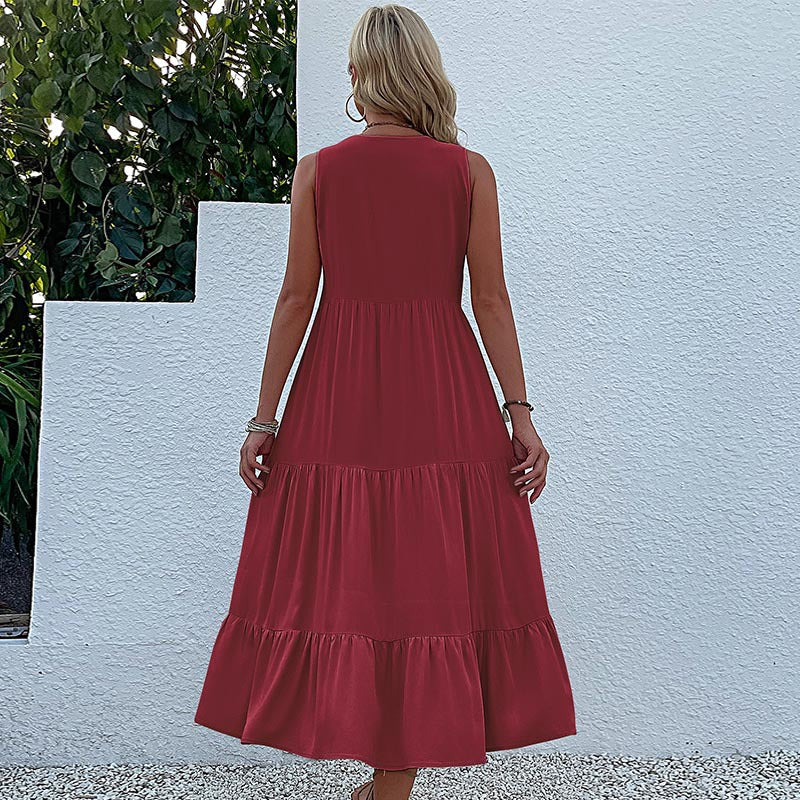 Solid A-Line Tiered Midi Dress with V-Neck and Sleeveless