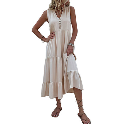 Solid A-Line Tiered Midi Dress with V-Neck and Sleeveless