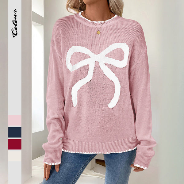 Christmas Bow Print Pullover Sweater with Round Neck
