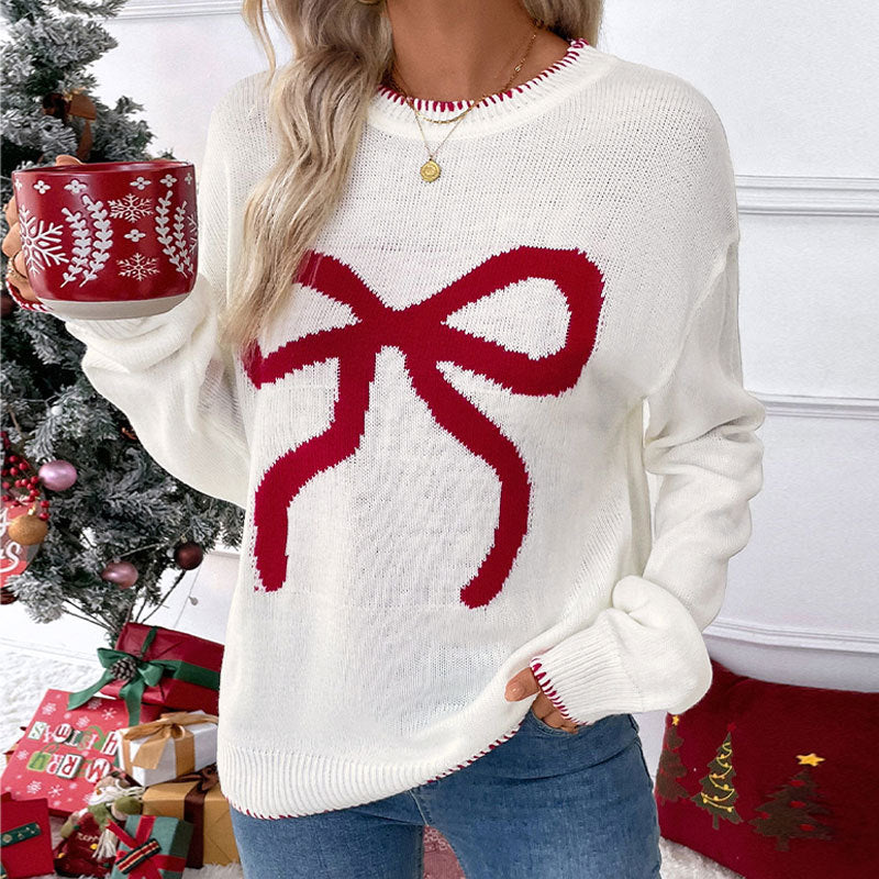 Christmas Bow Print Pullover Sweater with Round Neck