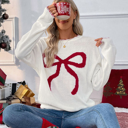 Christmas Bow Print Pullover Sweater with Round Neck