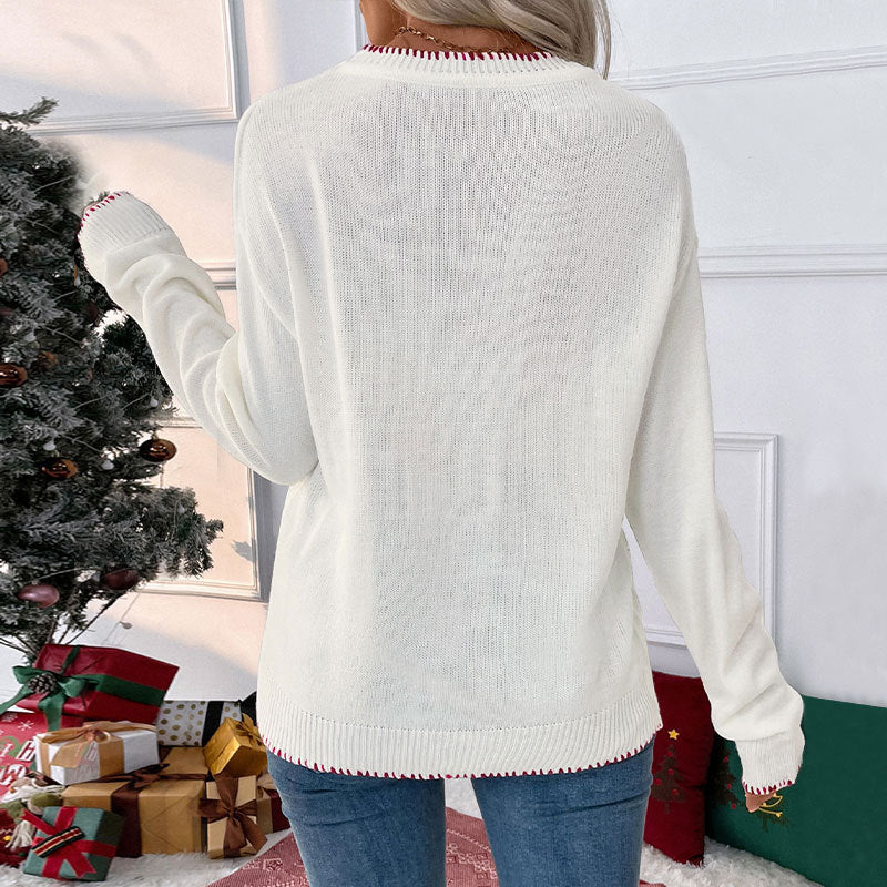 Christmas Bow Print Pullover Sweater with Round Neck