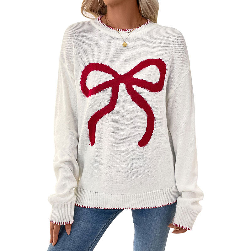 Christmas Bow Print Pullover Sweater with Round Neck