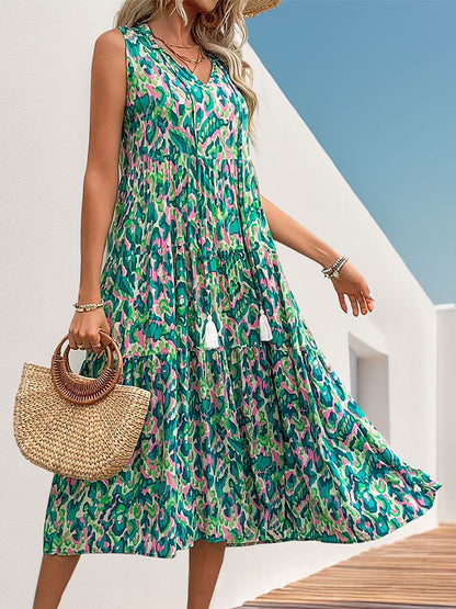Abstract Print Tiered Midi Dress with Tassel V-Neck