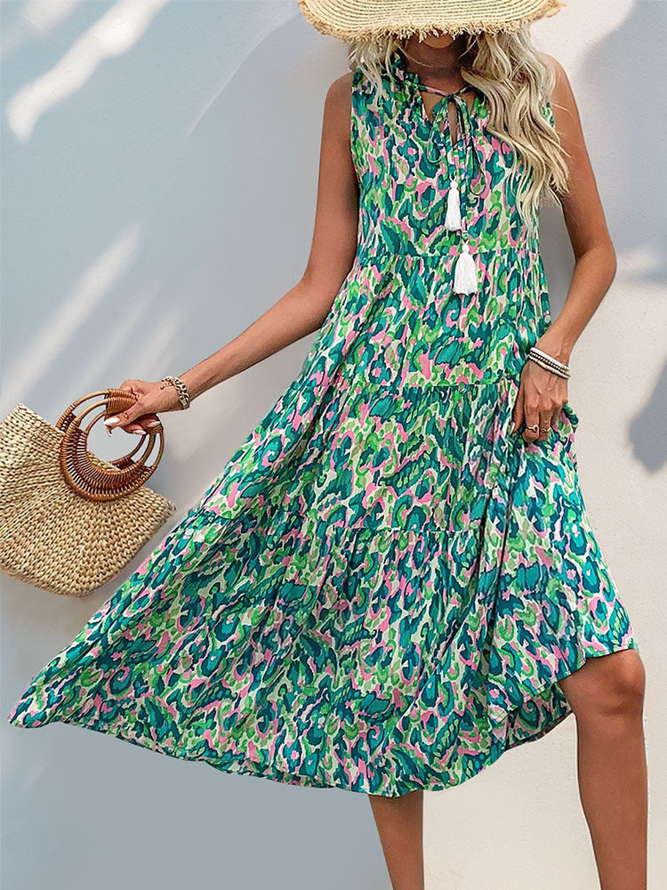 Abstract Print Tiered Midi Dress with Tassel V-Neck