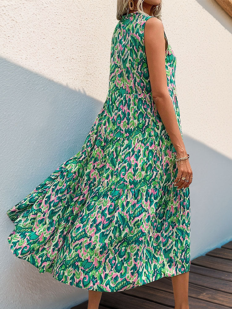 Abstract Print Tiered Midi Dress with Tassel V-Neck
