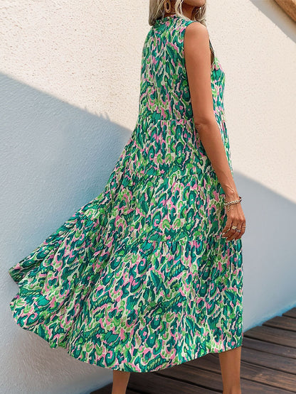 Abstract Print Tiered Midi Dress with Tassel V-Neck