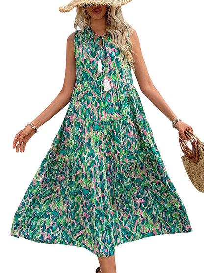 Abstract Print Tiered Midi Dress with Tassel V-Neck