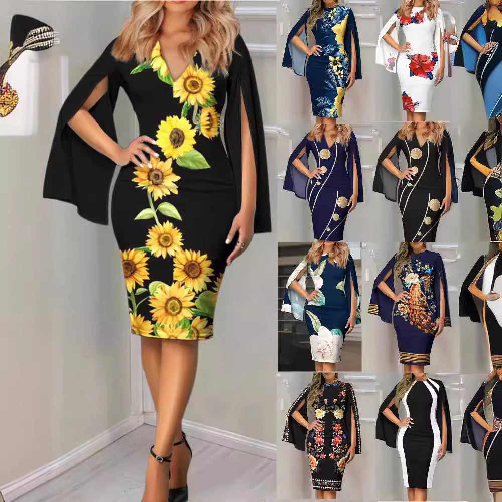 Floral Print Sheath Midi Dress with V-Neck and Slit Sleeves